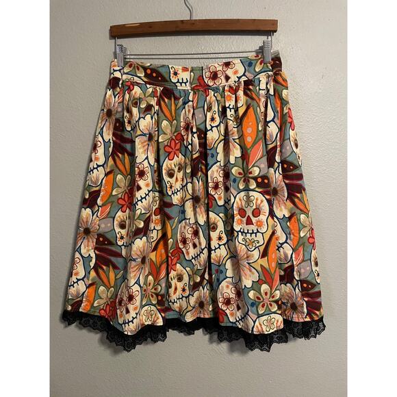 Handmade Sugar Skull Floral Skirt Womens Large Colorful Day of the Dead Lace Hem - Picture 1 of 6